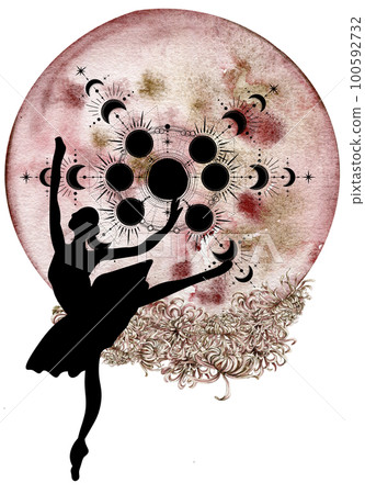 Watercolor dancing pretty ballerina with flowers and moon. Watercolor hand drawn illustration. Can be used for cards or posters. With white isolated background. Young  pretty ballerina women. 100592732