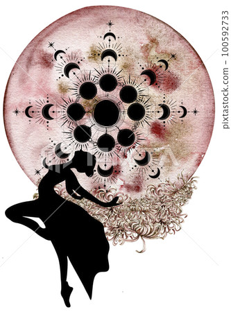 Watercolor dancing pretty ballerina with flowers and moon. Watercolor hand drawn illustration. Can be used for cards or posters. With white isolated background. Young pretty ballerina women. Watercolor dancing pretty ballerina with flowers and moon. Watercolor hand drawn illustration. Can be used for cards or posters. With white isolated background. Young pretty ballerina women. 100592733