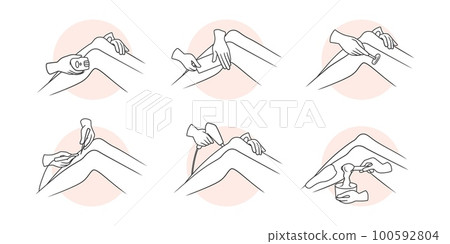 Wax hair remove. Depilatory cream. Razor shaving. Epilator or laser. Body salon beauty procedure. Woman skin care. Photoepilation appliance. Outline legs. Vector illustration icons set 100592804