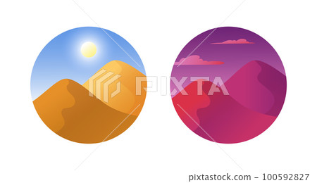 Dunes landscape. Twilight and sunrise in desert. Minimal simple Sahara travel symbols. Evening sunset. Nature scenery. Social media story highlight. Vector illustration circle icons set Dunes landscape. Twilight and sunrise in desert. Minimal simple Sahara travel symbols. Evening sunset. Nature scenery. Social media story highlight. Vector illustration circle icons set 100592827