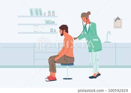 Patient examination. Visit to doctor. Physician checks health of sick male. Medical worker with stethoscope. Ill man treatment. Clinic professional consultation. Vector illustration Patient examination. Visit to doctor. Physician checks health of sick male. Medical worker with stethoscope. Ill man treatment. Clinic professional consultation. Vector illustration 100592829