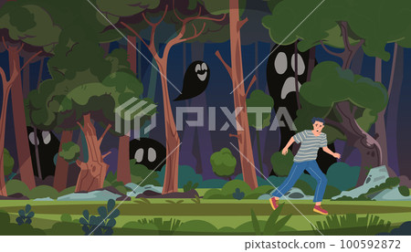 Scared people. Panicked man afraid of ghosts. Fearful wild forest. Frightened guy running away from monsters. Terrified person. Male escaping from tree creepy shadows. Vector illustration 100592872