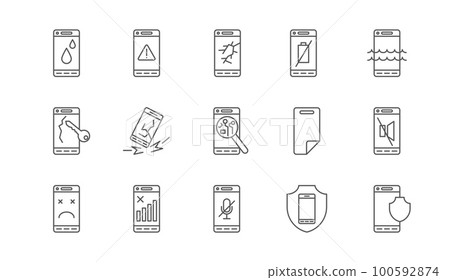 Phone error symbols. Smartphone security. Problem with mobile accessories. Waterproof shield. Scratch keys touching protection. Insurance cases. Mute microphone. Vector line icons set 100592874
