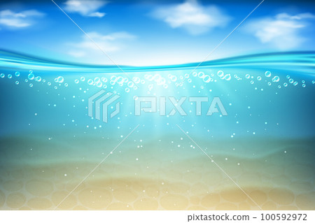 Dark water texture, aquarium underwater. Ocean sea lights and darkness, clean swimming pond and sand, blue sky with clouds. Summer undersea. Pure liquid. Vector realistic background 100592972