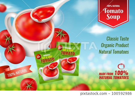 Soup package, realistic tomato cup. Vegetables for juice ad, fresh red food, delicious liquid product. Product presentation poster, advertising template. Vector illustration background 100592986