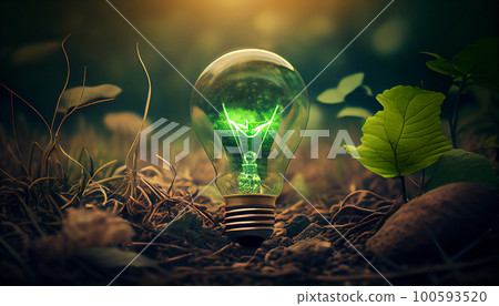 Green forest with moss and grass lightbulb, Concepts of environmental conservation circular economy environment sustainability, Generative AI 100593520