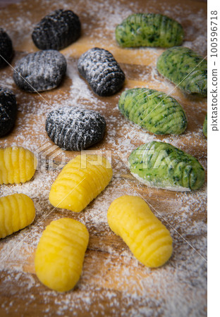 Multicoloured Gnocci potato peru italian food, Homemade 100596718