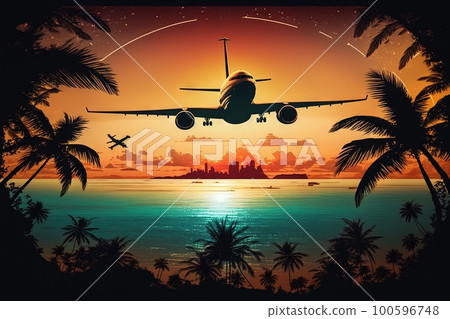 Airplane flying over tropical sea at sunset illustration generative ai 100596748
