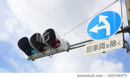 A traffic sign attached to a traffic light prohibiting movement outside the designated direction 100598475