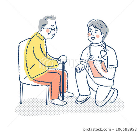 一名醫務工作者蹲下與一位老人交談 一名醫務工作者蹲下與一位老人交談 100598958