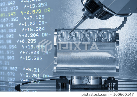 Abstract scene the 5-axis machining center cutting the V8 engine cylinder block and G-code data background. 100600147