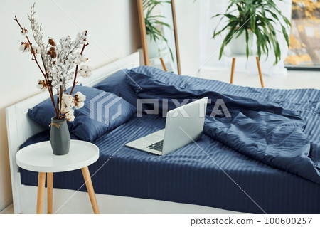 Laptop is on the bed. Interior and design of beautiful modern bedroom at daytime Laptop is on the bed. Interior and design of beautiful modern bedroom at daytime 100600257