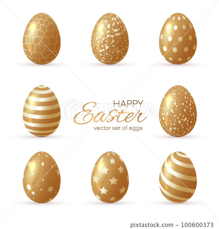 Luxury Happy easter card with eggs. Many beautiful golden realistic eggs set. Luxury Happy easter card with eggs. Many beautiful golden realistic eggs set. 100600373