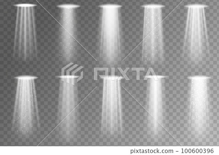 Stadium spotlights. Scene illumination collection, transparent effects. Bright lighting with spotlights. Glowing light effect with white rays and beams. 100600396