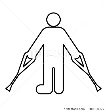 Man with broken leg crutch cane gypsum foot stick using sticks person crutches trauma concept contour outline line icon black color vector illustration image thin flat style 100600477