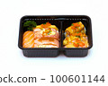 Various kinds of salmon sushi in a plastic tray on white background 100601144