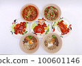 set of Asian street food styles, crispy belly pork on rice with barbecue red sauce, Spicy Pork with Pork bone Soup (Lang Zaap), and Vietnamese Rice Noodles Soup on white background. 100601146