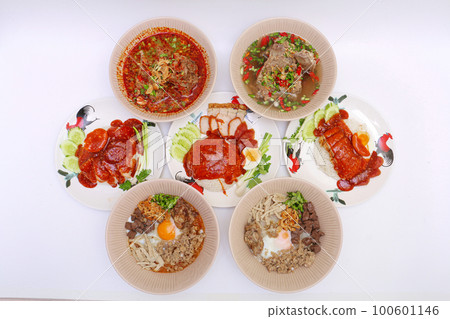 set of Asian street food styles, crispy belly pork on rice with barbecue red sauce, Spicy Pork with Pork bone Soup (Lang Zaap), and Vietnamese Rice Noodles Soup on white background. 100601146