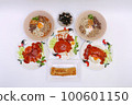 set of Asian street food styles, crispy belly pork on rice with barbecue red sauce, Spicy Pork with Pork bone Soup (Lang Zaap), and Vietnamese Rice Noodles Soup on white background. 100601150