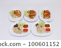 Set of Hainanese chicken rice with fried chicken or rice steamed chicken soup with fried chicken - Asian food style. on white background. top view food. popular street food. isolated a dish. 100601152