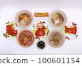 set of Asian street food styles, crispy belly pork on rice with barbecue red sauce, Spicy Pork with Pork bone Soup (Lang Zaap), and Vietnamese Rice Noodles Soup on white background. 100601154