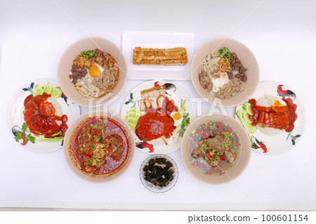 set of Asian street food styles, crispy belly pork on rice with barbecue red sauce, Spicy Pork with Pork bone Soup (Lang Zaap), and Vietnamese Rice Noodles Soup on white background. set of Asian street food styles, crispy belly pork on rice with barbecue red sauce, Spicy Pork with Pork bone Soup (Lang Zaap), and Vietnamese Rice Noodles Soup on white background. 100601154