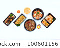 Set of Japanese food, pork rice, salmon pickle, salmon sushi rolls, and takoyaki or squid balls on white background. 100601156