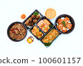 Set of Japanese food, pork rice, salmon pickle, salmon sushi rolls, and takoyaki or squid balls on white background. 100601157
