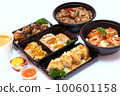 Set of Japanese food, pork rice, salmon pickle, salmon sushi rolls, and takoyaki or squid balls on white background. 100601158