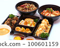 Set of Japanese food, pork rice, salmon pickle, salmon sushi rolls, and takoyaki or squid balls on white background. 100601159