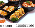 Set of Japanese food, pork rice, salmon pickle, salmon sushi rolls, and takoyaki or squid balls on white background. 100601160