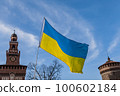 Flag with yellow and blue striped colors of Ukraine waving in the wind with a blue sky and sun. In the background the Castello Sforzesco in Milan. 100602184