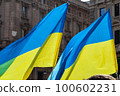 Flag with yellow and blue striped colors of Ukraine waving in the wind with a blue sky and sun. 100602231