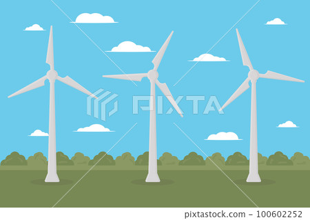 wind power plant stands in the field of green energy renewable resource 100602252