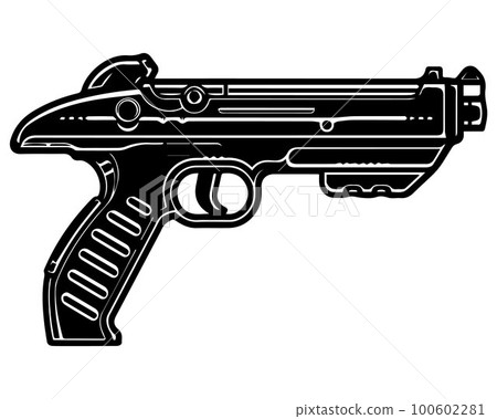 black silhouette of a pistol on a black background. weapon icon. 100602281