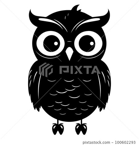 black silhouette of an owl on a white background. the owl sits on a branch. 100602293