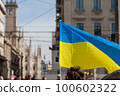 MILAN, ITALY - FEBRUARY 25, 2023: Flag with yellow and blue striped colors of Ukraine waving in the wind with a blue sky and sun. In the background the Duomo cathedral in Milan. 100602322
