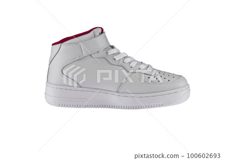Sport shoes. White sneaker with a red insert on a white background. Sport shoes. White sneaker with a red insert on a white background. 100602693
