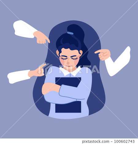 Illustration of depression, shaming, abuse and child bullying in flat style. Sad girl hugs herself, holding book. Someone points fingers at her. Vector illustration Illustration of depression, shaming, abuse and child bullying in flat style. Sad girl hugs herself, holding book. Someone points fingers at her. Vector illustration 100602743