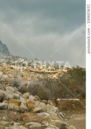 Rocky Mountain Boulder Rocks against foggy cloudy mountain background. Lachung Sikkim West Bengal India South Asia Pacific Rocky Mountain Boulder Rocks against foggy cloudy mountain background. Lachung Sikkim West Bengal India South Asia Pacific 100603631