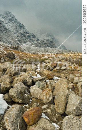 Rocky Mountain Boulder Rocks against foggy cloudy mountain background. Lachung Sikkim West Bengal India South Asia Pacific Rocky Mountain Boulder Rocks against foggy cloudy mountain background. Lachung Sikkim West Bengal India South Asia Pacific 100603632