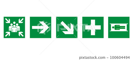 Evacuation, arrow, first aid icon set 100604494