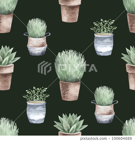 Seamless pattern, background, texture. Watercolor drawing of a garden hobby. Planting seedlings, plants. garden supplies, garden tools. 100604889