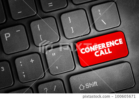 Conference Call - telephone call in which someone talks to 4 or more people at the same time text button on keyboard, concept background 100605671