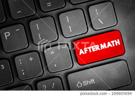 Aftermath text button on keyboard, concept background 100605694