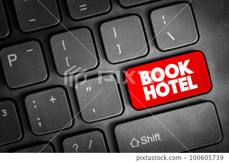 Book Hotel text button on keyboard, concept background 100605739