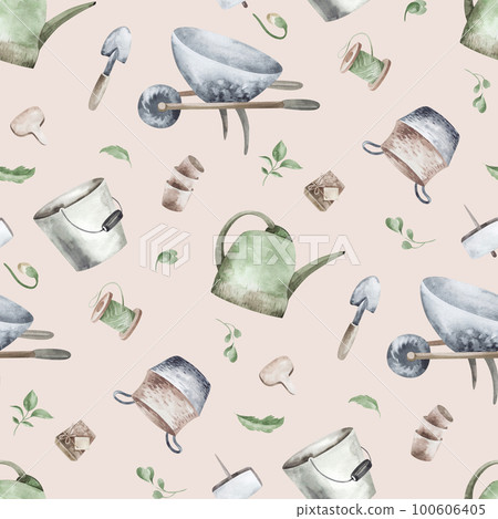 Seamless pattern, background, texture. Watercolor drawing of a garden hobby. Planting seedlings, plants. garden supplies, garden tools. Seamless pattern, background, texture. Watercolor drawing of a garden hobby. Planting seedlings, plants. garden supplies, garden tools. 100606405