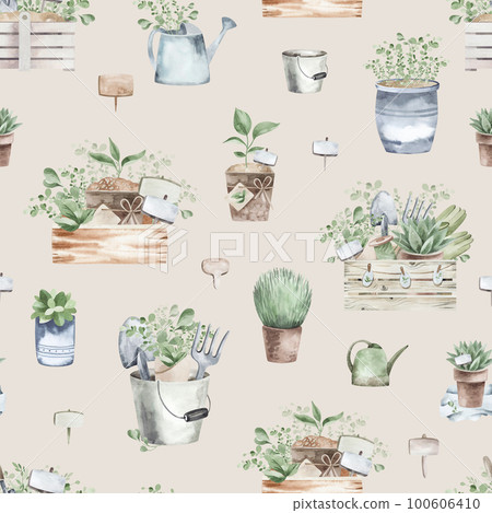 Seamless pattern, background, texture. Watercolor drawing of a garden hobby. Planting seedlings, plants. garden supplies, garden tools. Seamless pattern, background, texture. Watercolor drawing of a garden hobby. Planting seedlings, plants. garden supplies, garden tools. 100606410