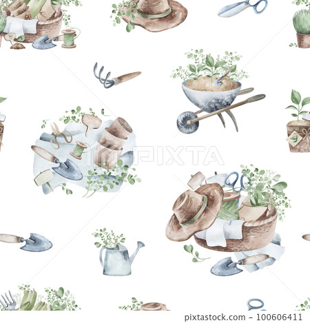Seamless pattern, background, texture. Watercolor drawing of a garden hobby. Planting seedlings, plants. garden supplies, garden tools. Seamless pattern, background, texture. Watercolor drawing of a garden hobby. Planting seedlings, plants. garden supplies, garden tools. 100606411