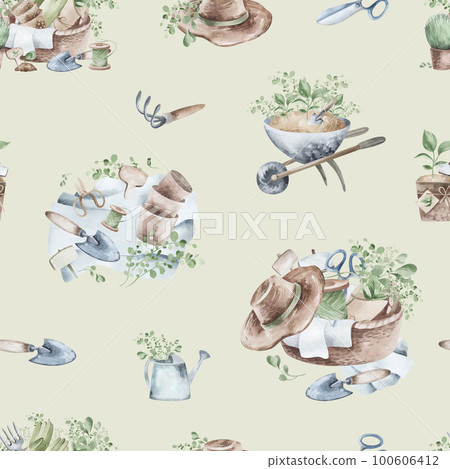 Seamless pattern, background, texture. Watercolor drawing of a garden hobby. Planting seedlings, plants. garden supplies, garden tools. Seamless pattern, background, texture. Watercolor drawing of a garden hobby. Planting seedlings, plants. garden supplies, garden tools. 100606412